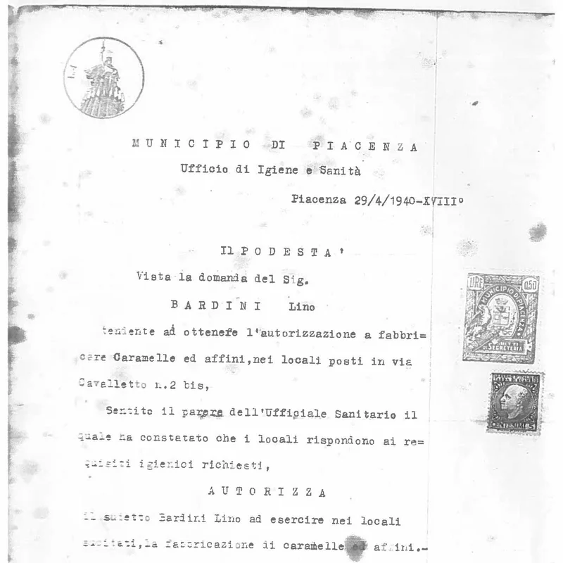L'autorizzazione del Municipio di Piacenza del 1940 che permette a Lino Bardini di fabbricare caramelle e affini